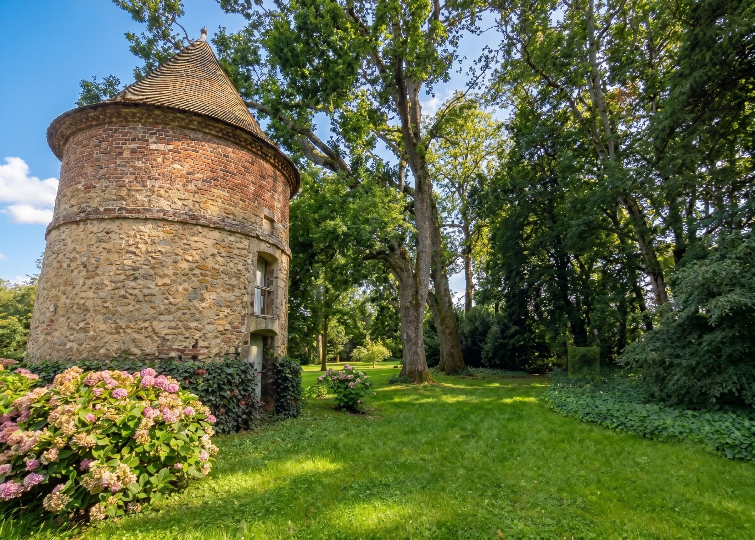 La tour du domaine, entourée d'hortensias, dans le parc du château